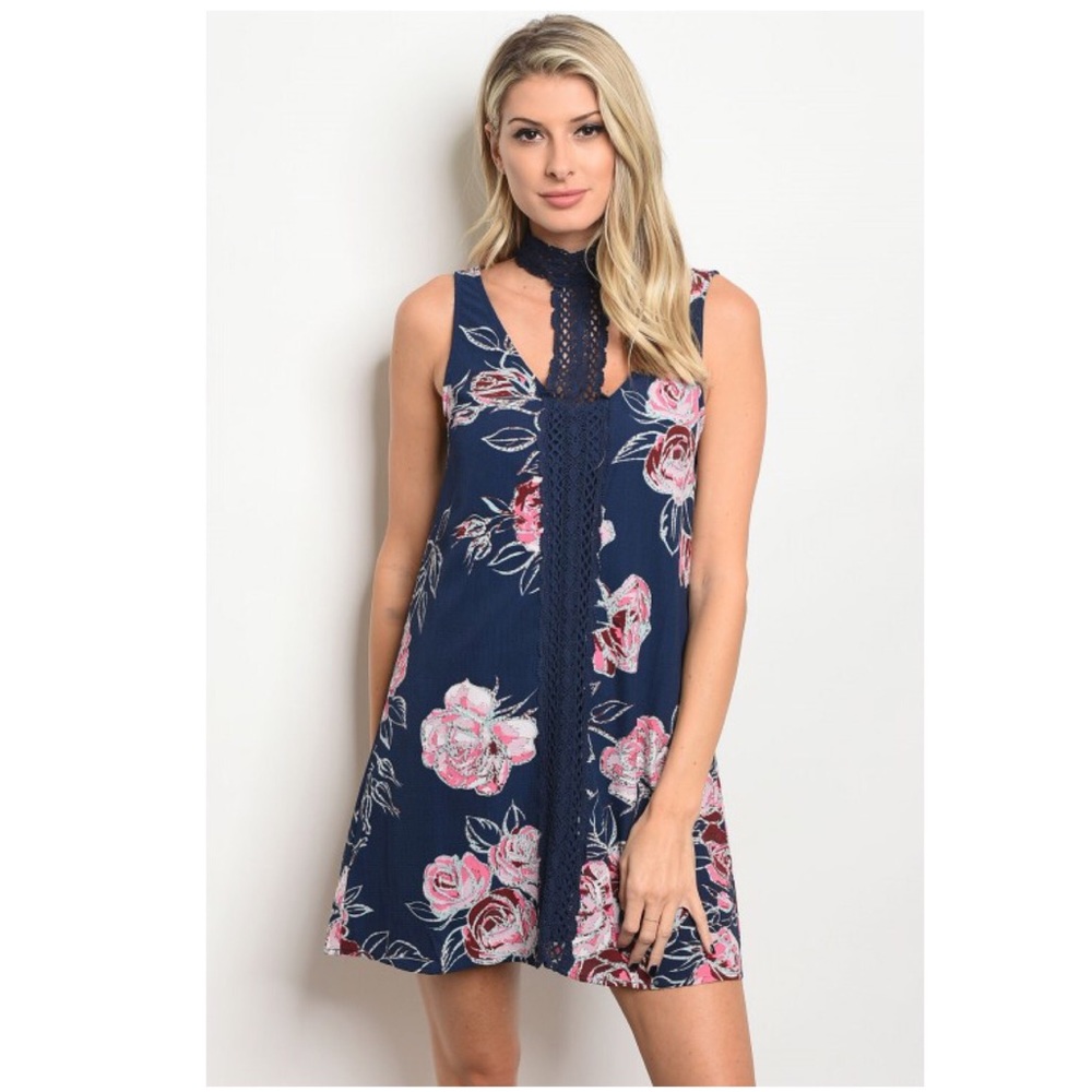 Navy Floral Choker Dress - Picture 1 of 7